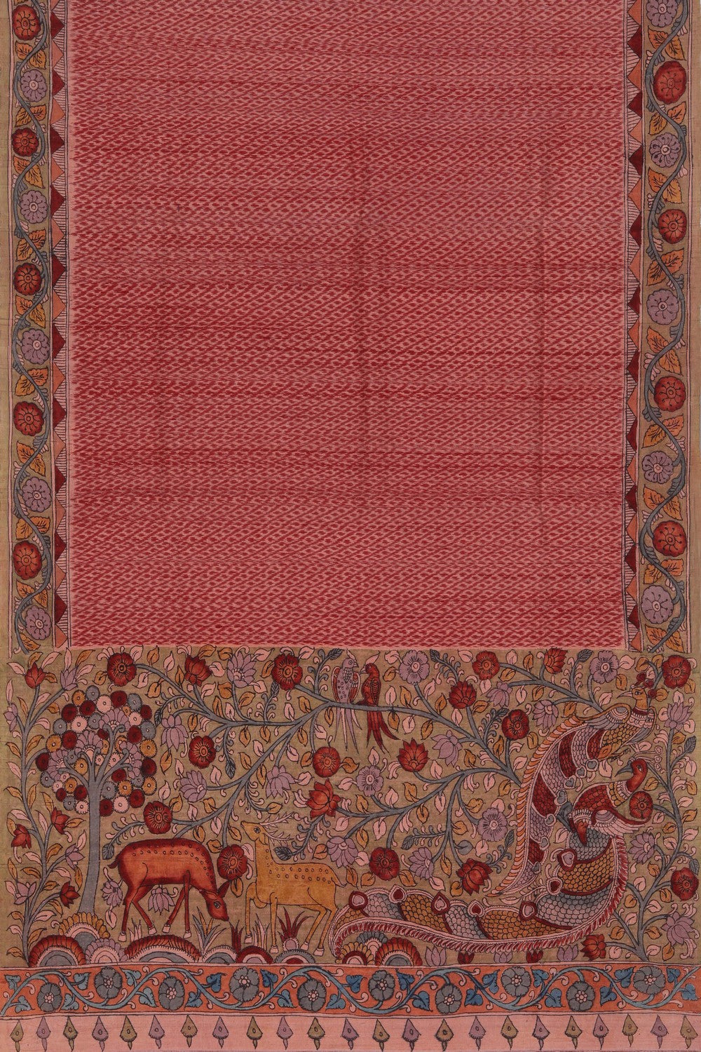 Image of Dupion Kalamkari Painted Cream- Red Saree
